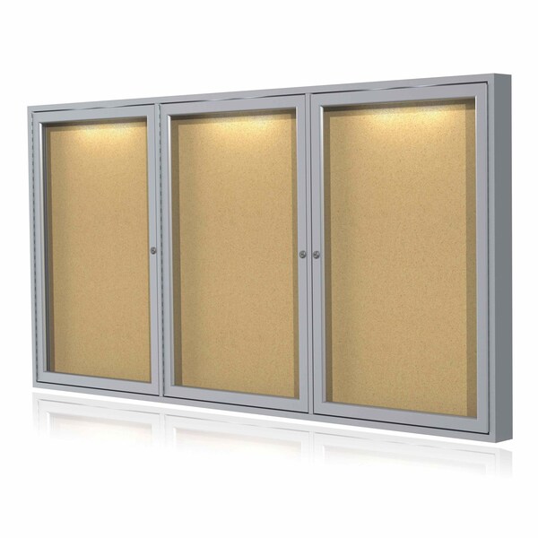 Enclosed Bulletin Board, 3 Door, Cork, Concealed Lghtng, 4 ft H x 8 ft W, Natrl